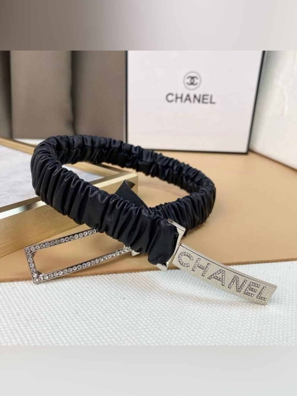 ChaneI Silver- Tone Crystal Embellished Black Ruched STRETCH belt